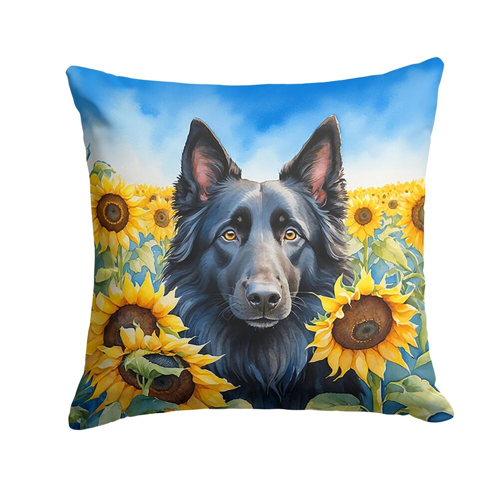 9079 in Sunflowers Throw Pillow, 18Hx18W, Belgian Sheepdog 6023